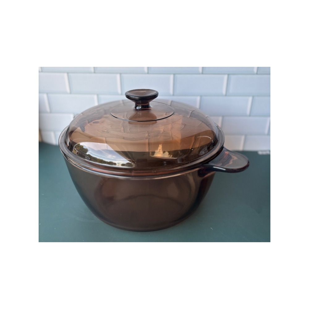 Visions Brown Glass 4.5L Dutch Oven Stock Pot Lid Made in USA Vintage